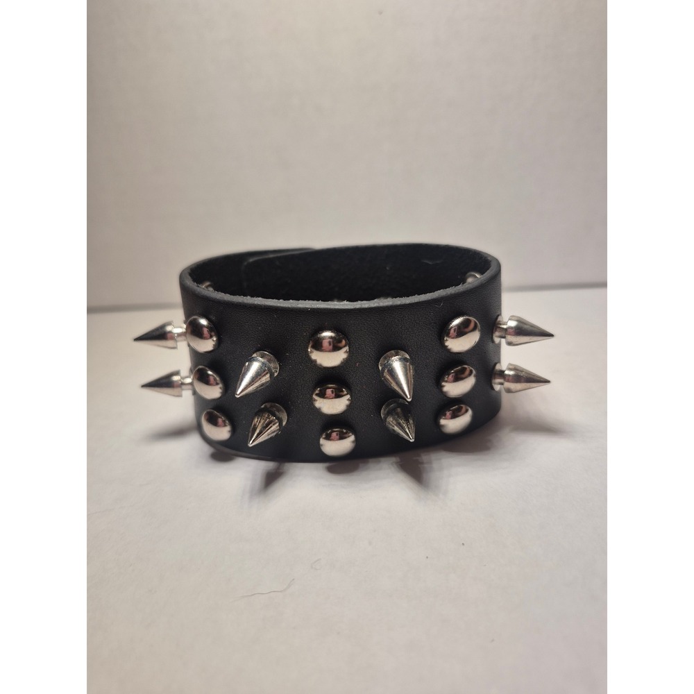 Black Faux Leather Spiked Studded Cuff Bracelet Punk Goth Emo Biker Wide unisex